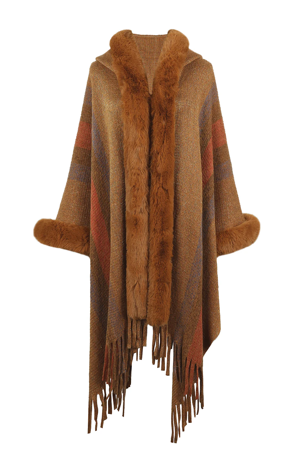 Color Block Fringe Detail Poncho - Image 12