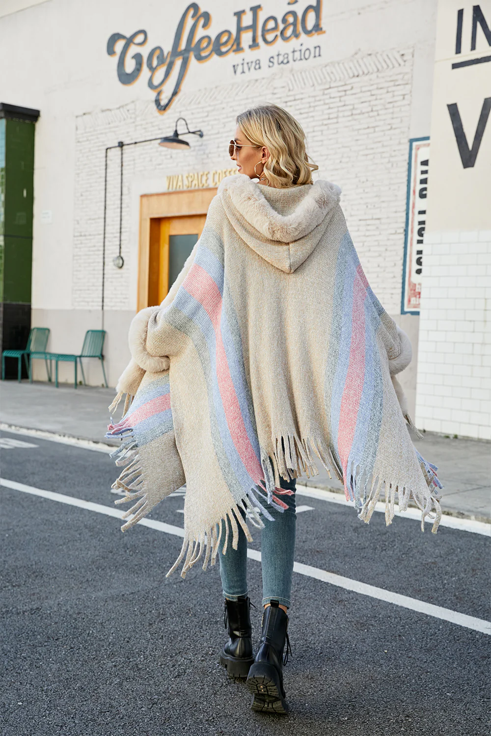 Color Block Fringe Detail Poncho - Image 2