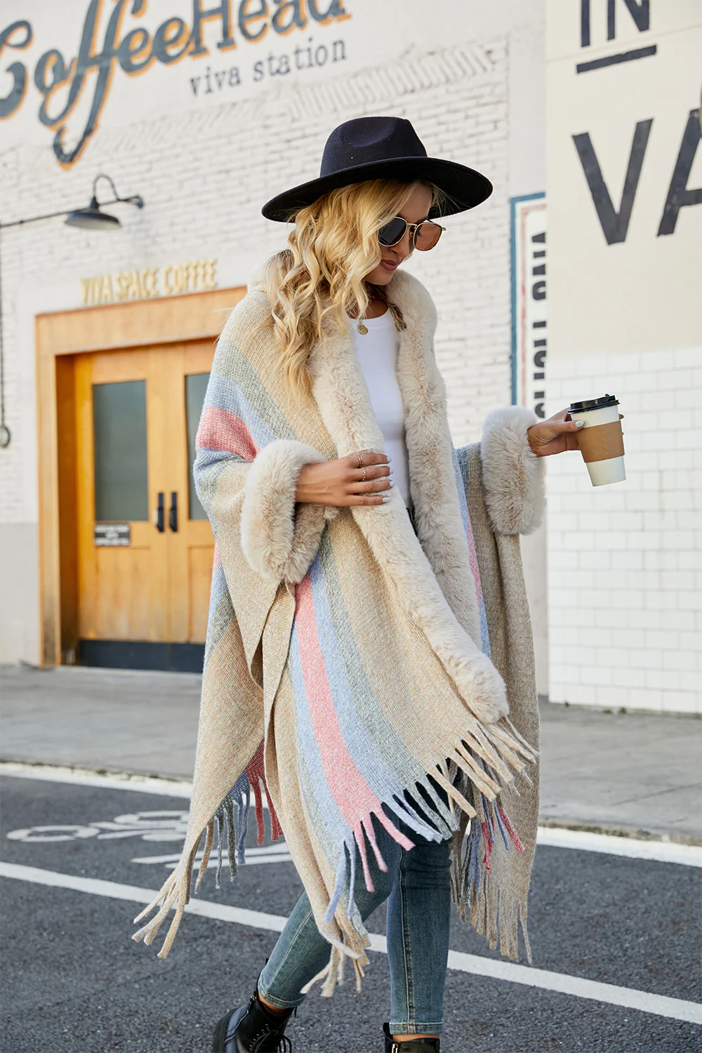 Color Block Fringe Detail Poncho - Image 3