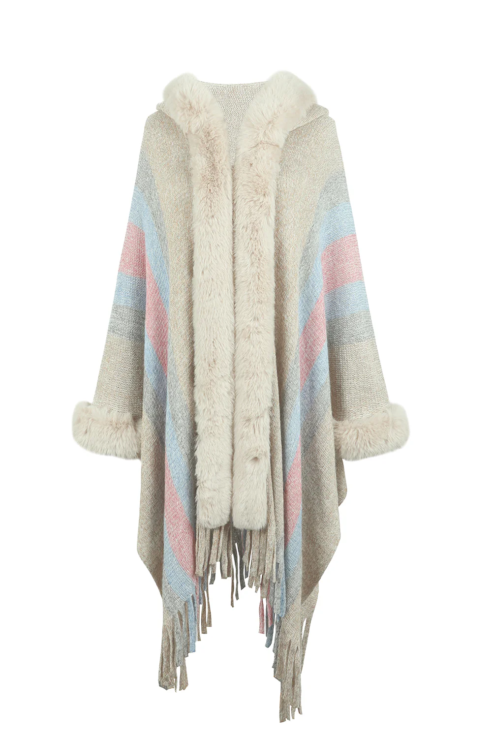 Color Block Fringe Detail Poncho - Image 4