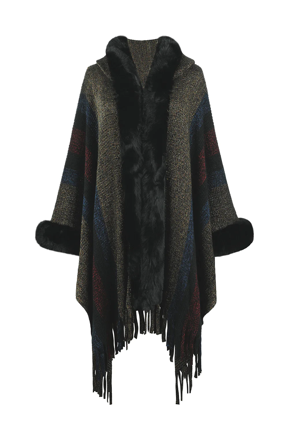 Color Block Fringe Detail Poncho - Image 6