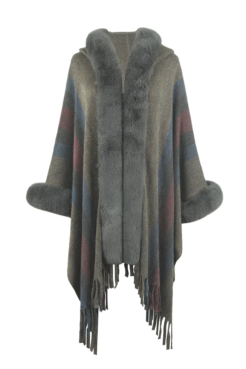 Color Block Fringe Detail Poncho - Image 9