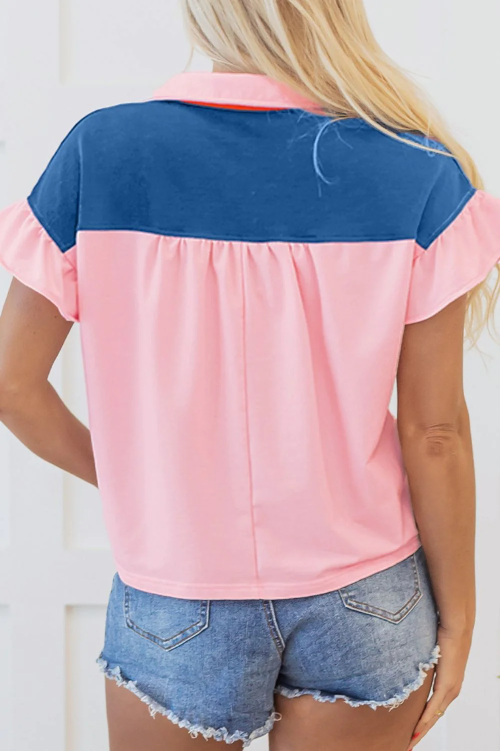 Color Block Half Buttoned Ruffled Short Sleeve T Shirt - Image 5