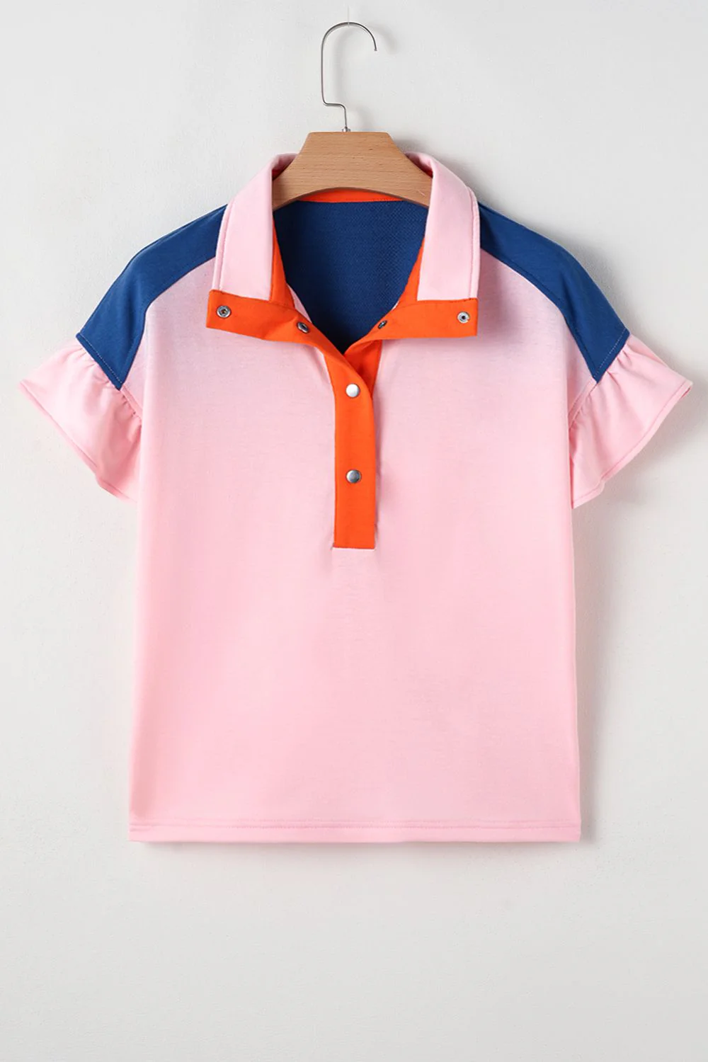 Color Block Half Buttoned Ruffled Short Sleeve T Shirt - Image 6