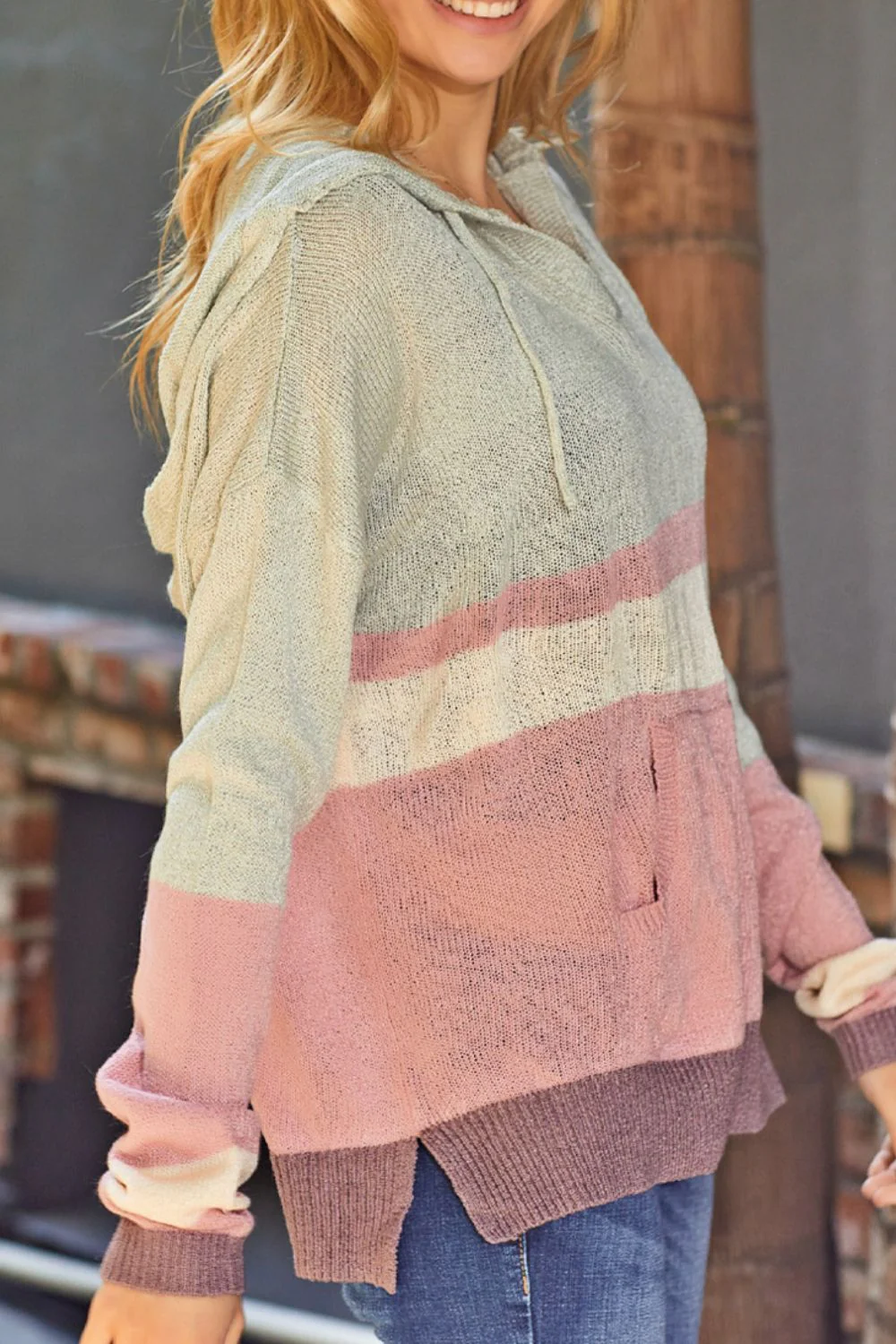 Color Block Long Sleeve Drawstring Hooded Sweater - Image 3