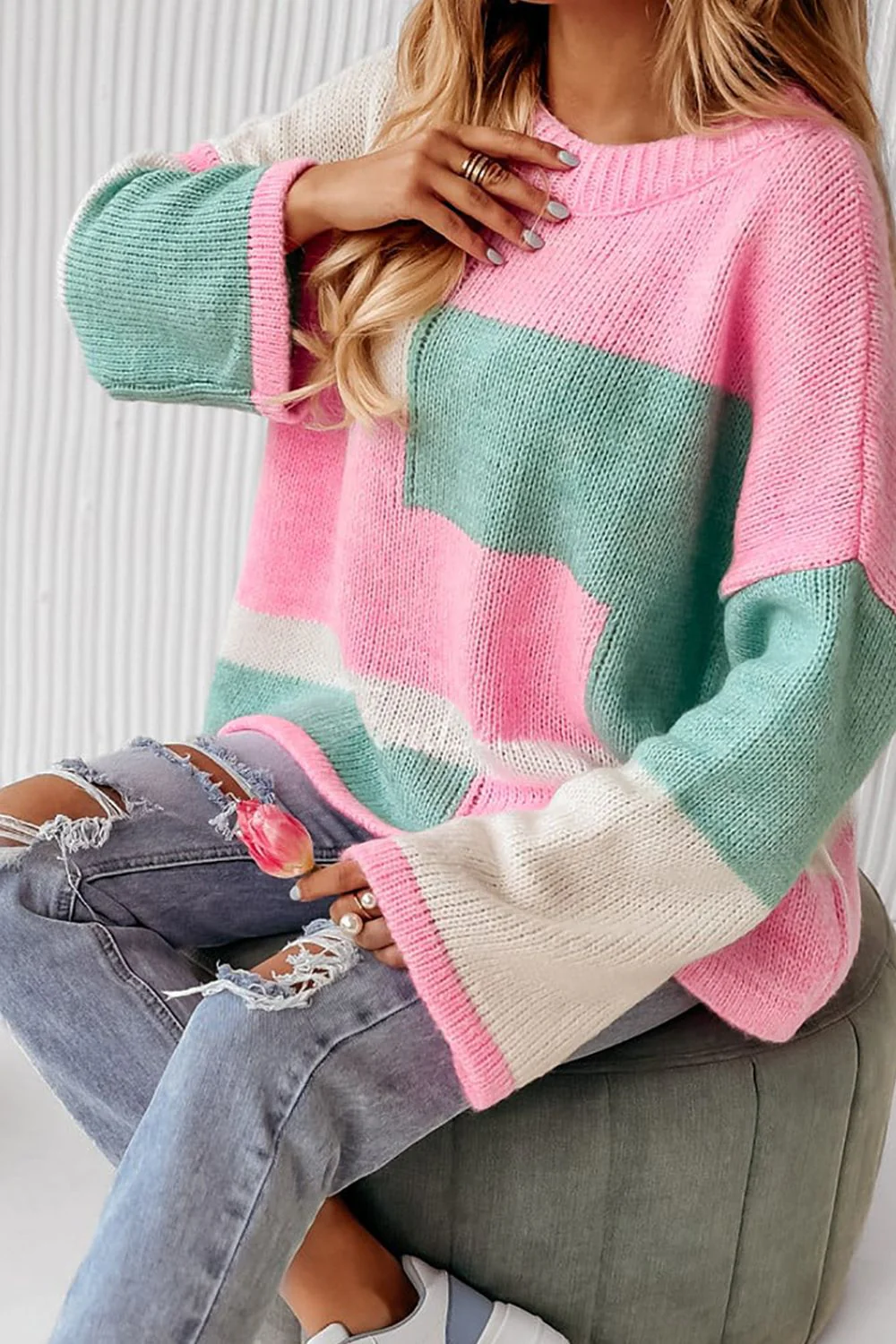 Color Block Round Neck Drop Shoulder Sweater - Image 3