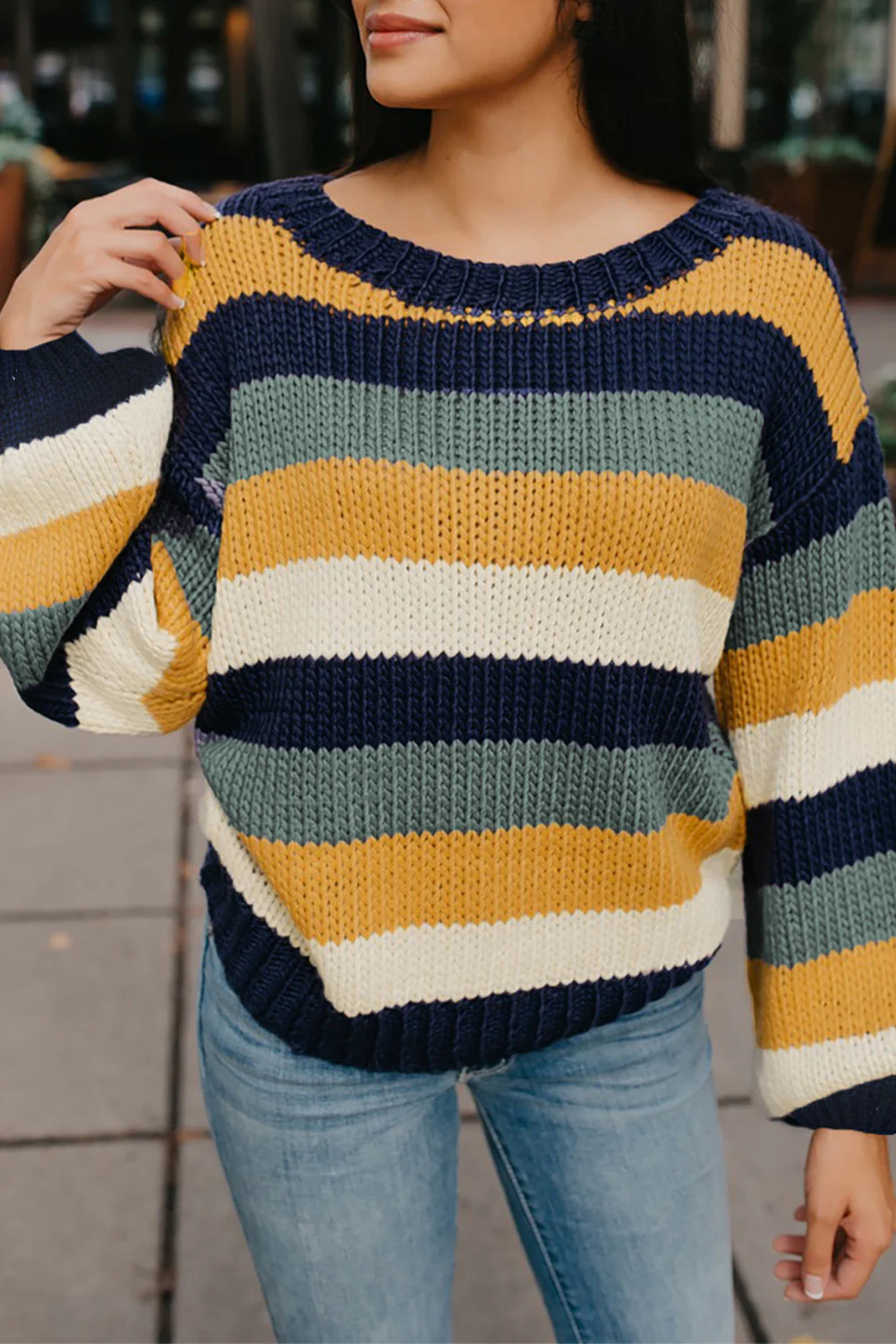 Color Block Round Neck Dropped Shoulder Sweater - Image 4