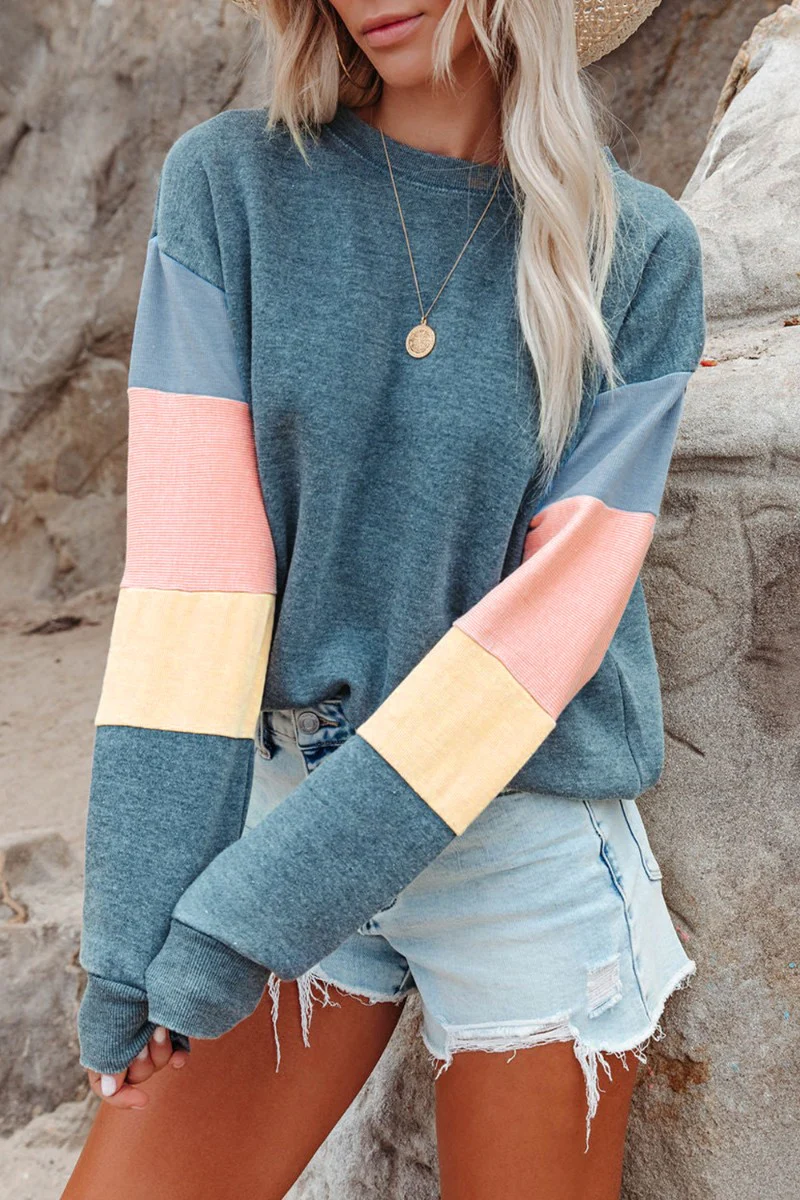 Color Block Round Neck Long Sleeve Sweatshirt - Image 19