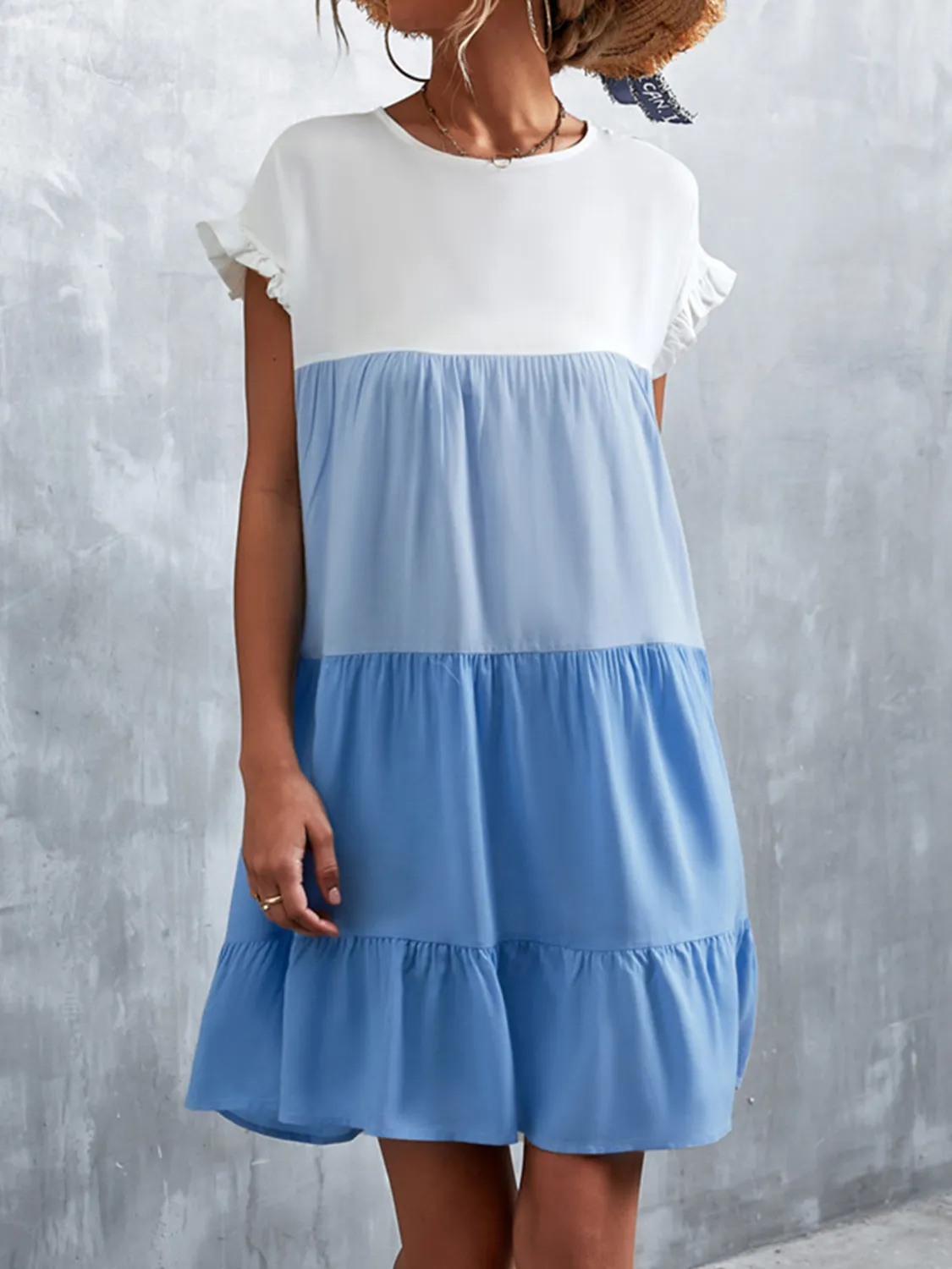 Color Block Round Neck Short Sleeve Dress - Image 2
