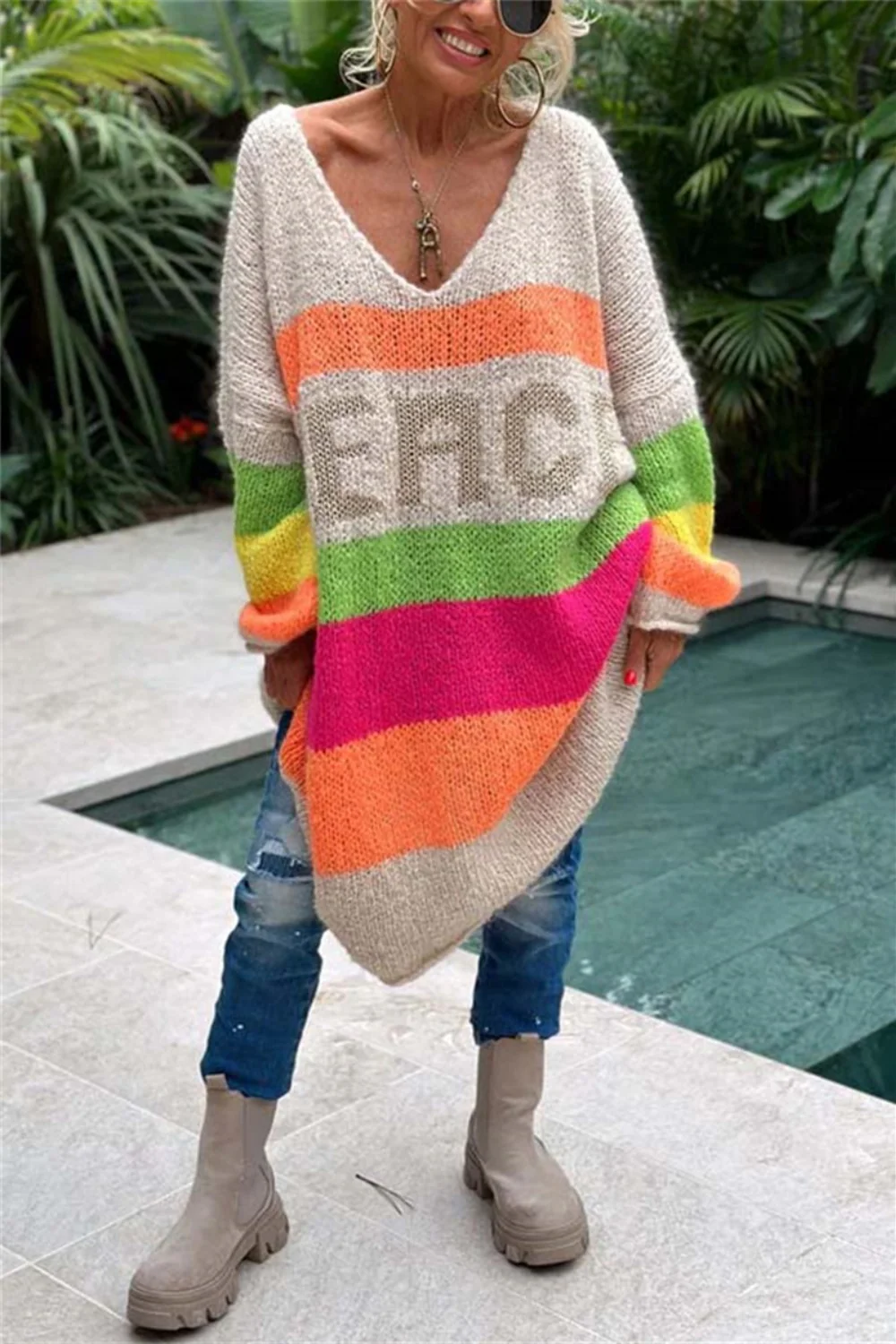 Color Block V-Neck Long Sleeve Sweater Dress - Image 23