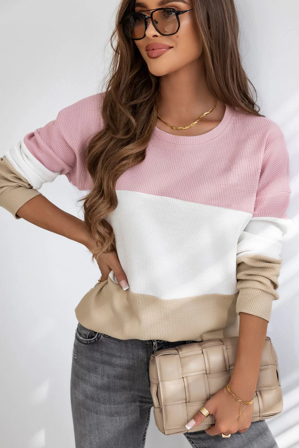 Color Block Waffle Knit Long Sleeve Top - Image 3