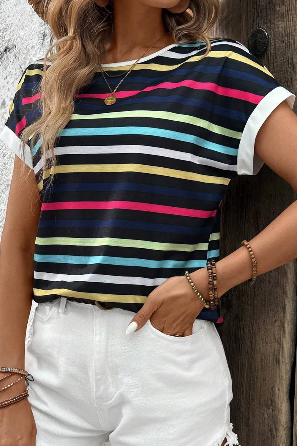 Colorful Striped Short Sleeve Casual T-Shirt - Image 4