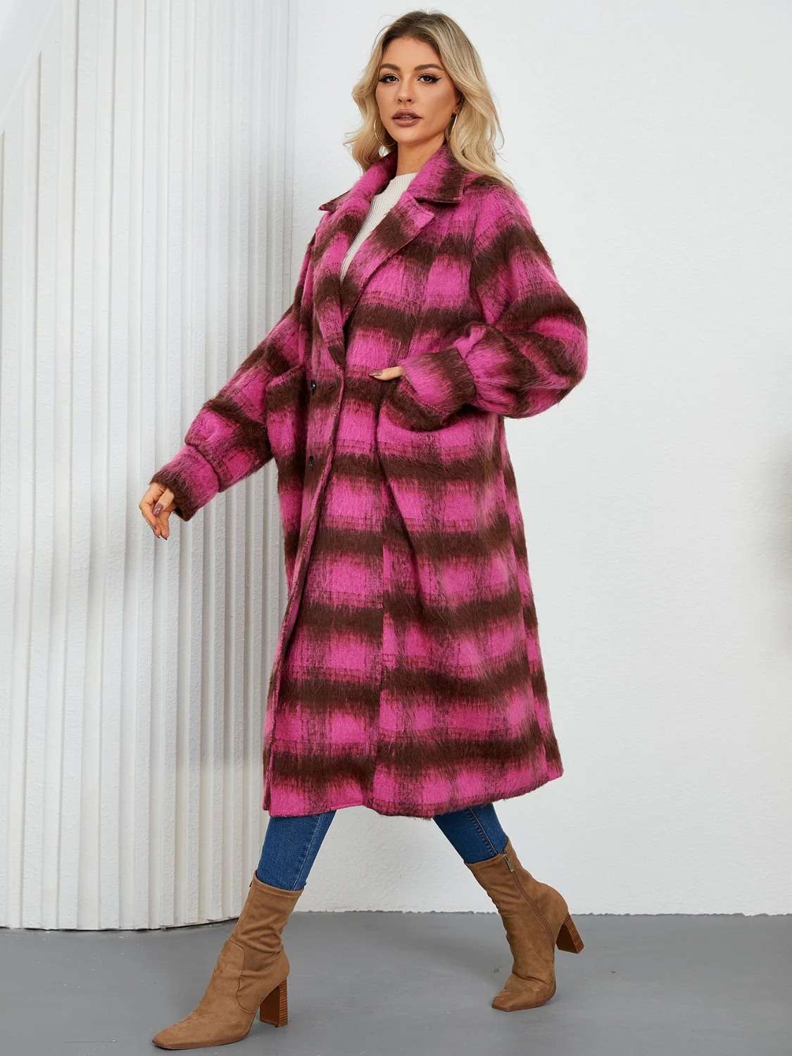 Contrast Double-Breasted Long Sleeve Longline Coat - Image 12