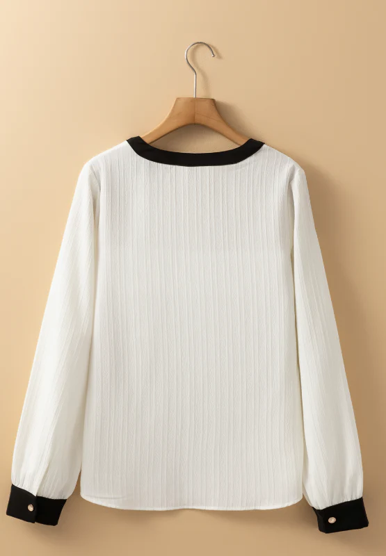 Contrast Notched Long Sleeve Blouse - Image 7