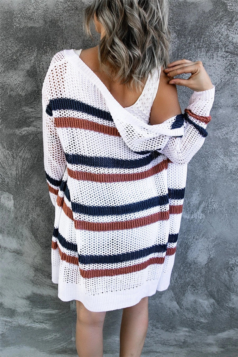 Contrast Openwork Open Front Long Sleeve Cardigan - Image 3