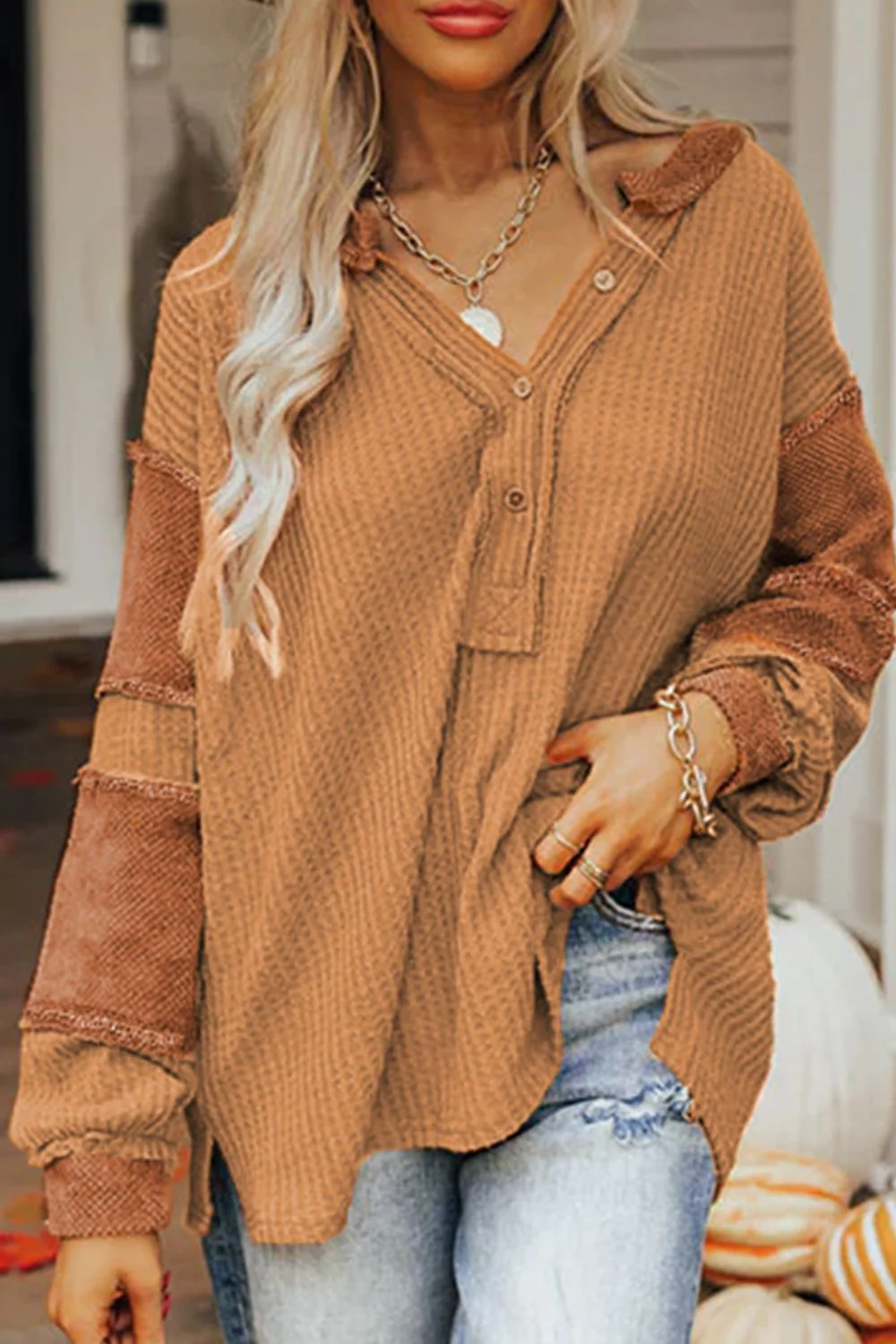 Contrast Patched Exposed Seam Waffle Knit Henley Top - Image 2