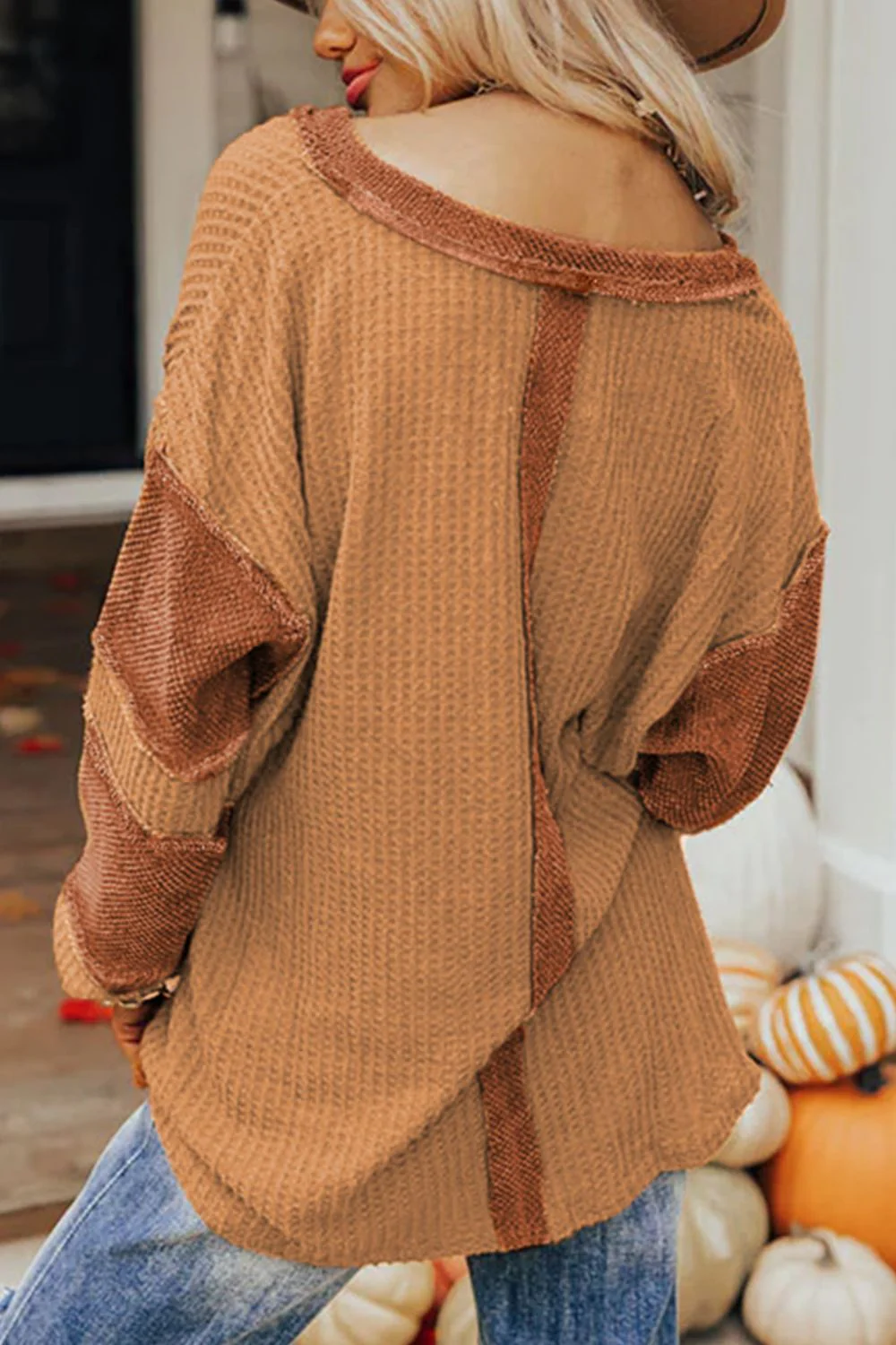 Contrast Patched Exposed Seam Waffle Knit Henley Top - Image 3