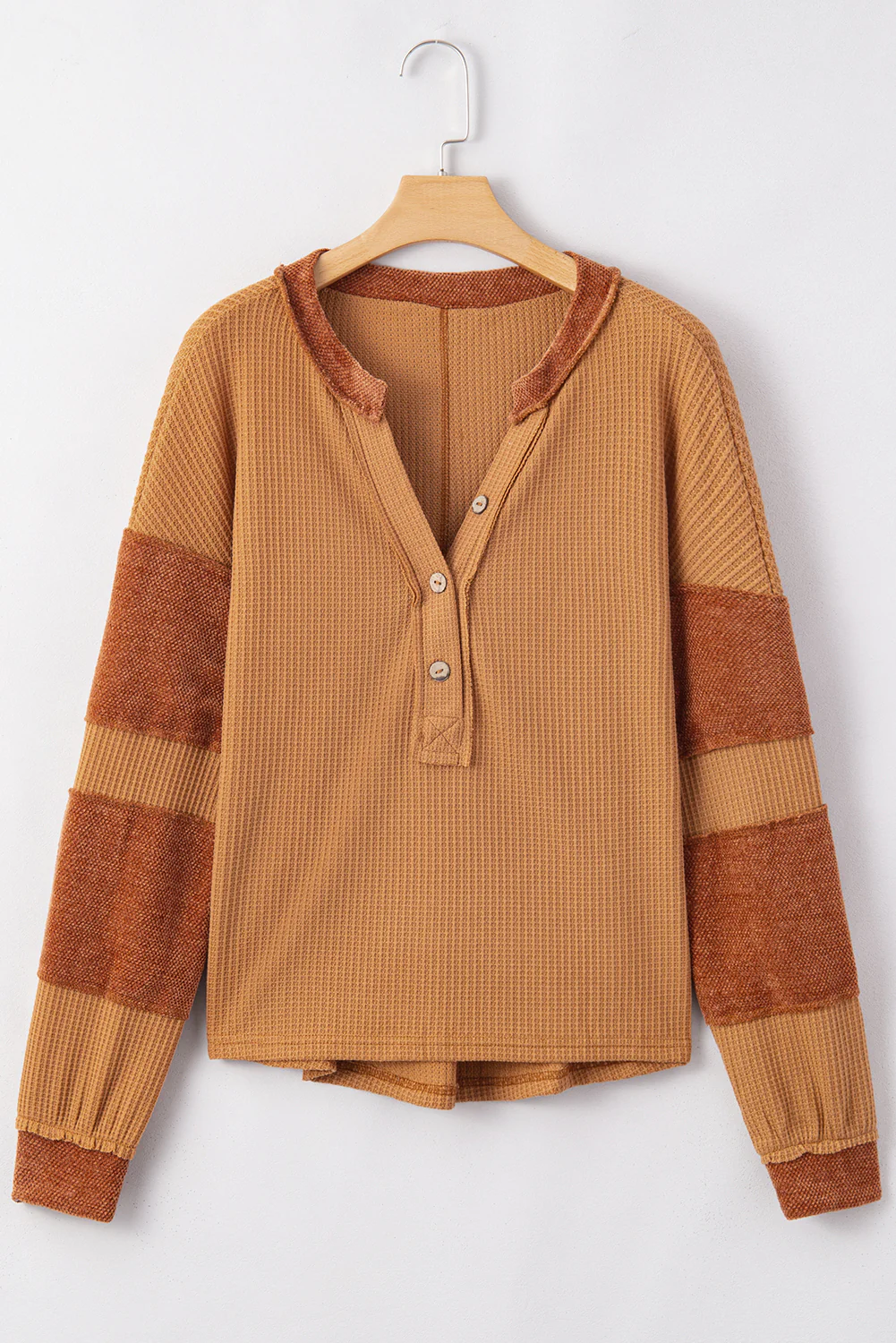 Contrast Patched Exposed Seam Waffle Knit Henley Top - Image 4