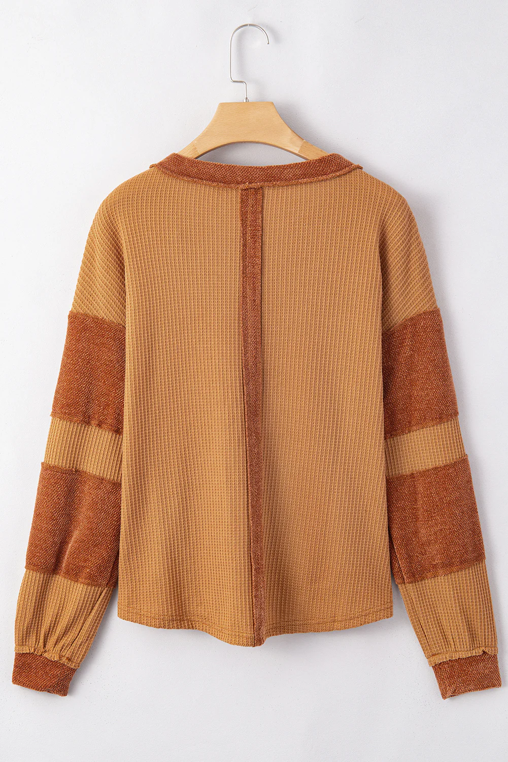 Contrast Patched Exposed Seam Waffle Knit Henley Top - Image 5