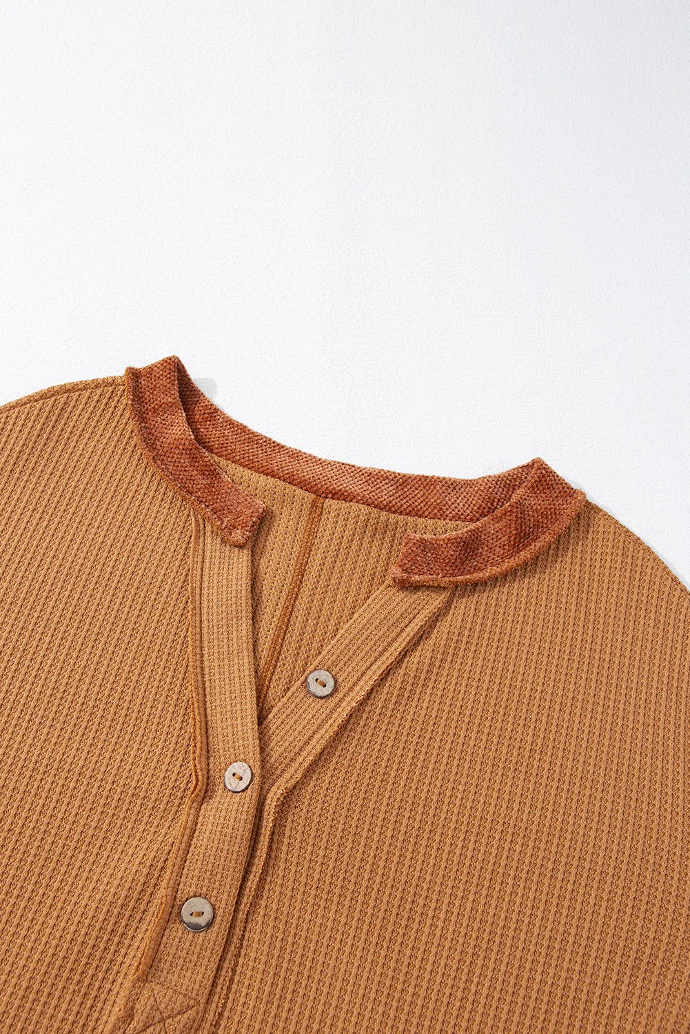Contrast Patched Exposed Seam Waffle Knit Henley Top - Image 6