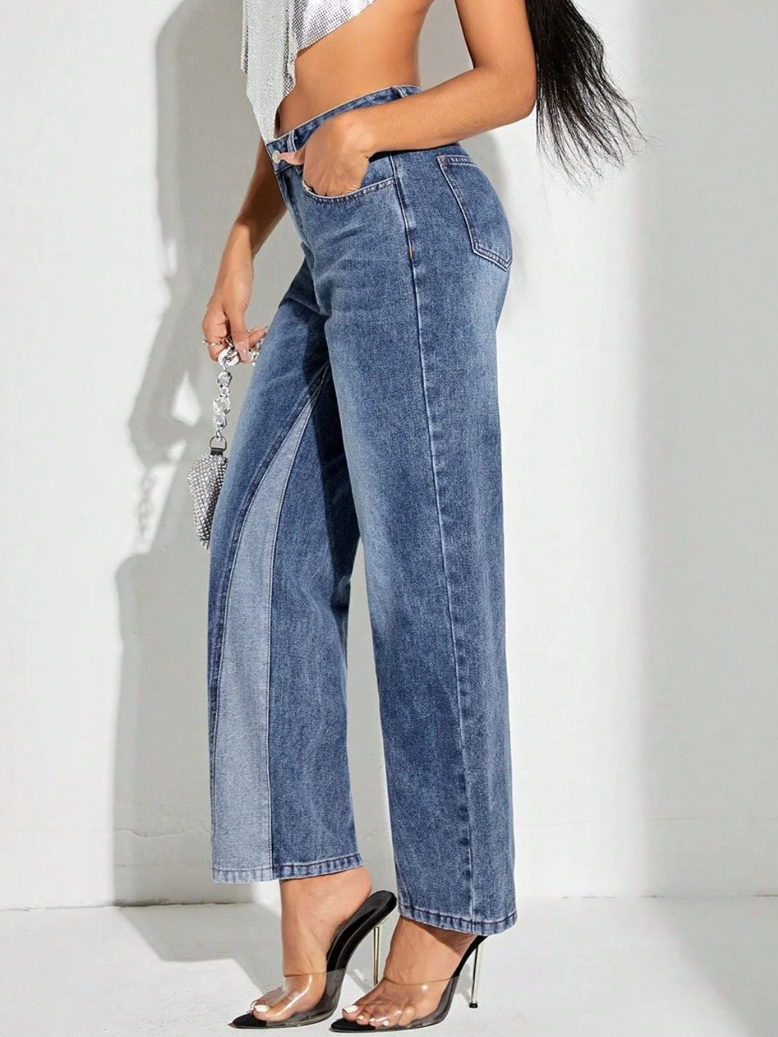 Contrast Patchwork Straight Jeans with Pockets - Image 3