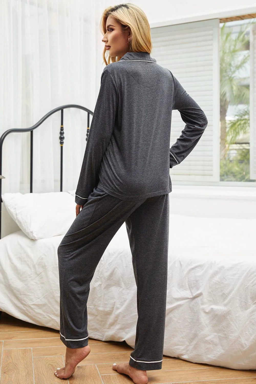 Contrast Piping Button Down Top and Pants Loungewear Set - Image 6
