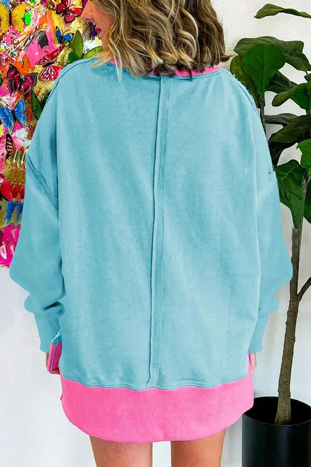 Contrast Round Neck Dropped Shoulder Long Sleeve Sweatshirt - Image 2