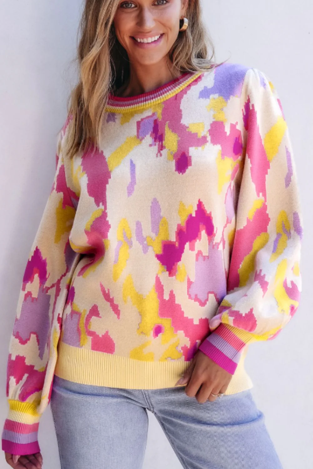 Contrast Round Neck Long Sleeve Sweater - Image 2