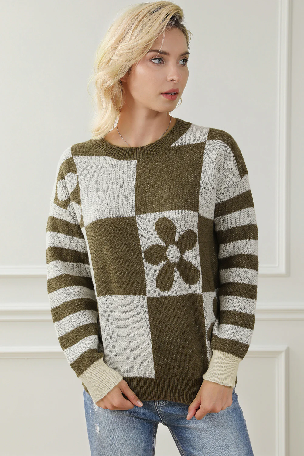Contrast Round Neck Long Sleeve Sweater - Image 7
