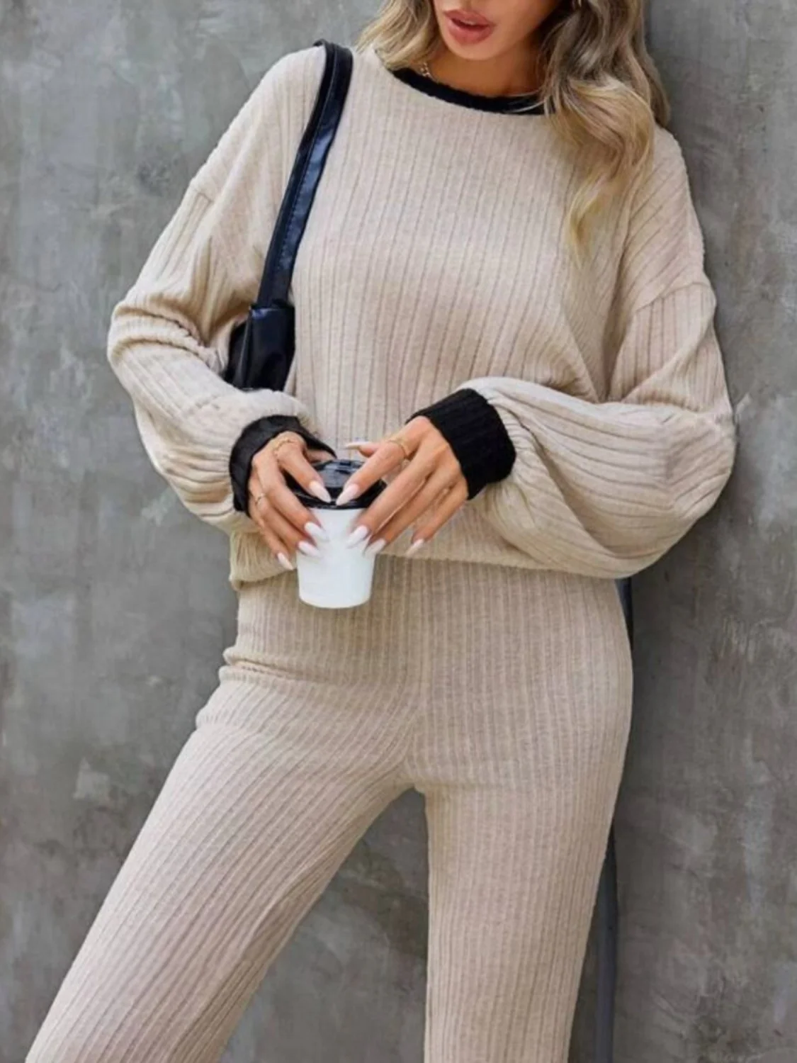 Contrast Round Neck Long Sleeve Top and Bootcut Pants Set - Image 5