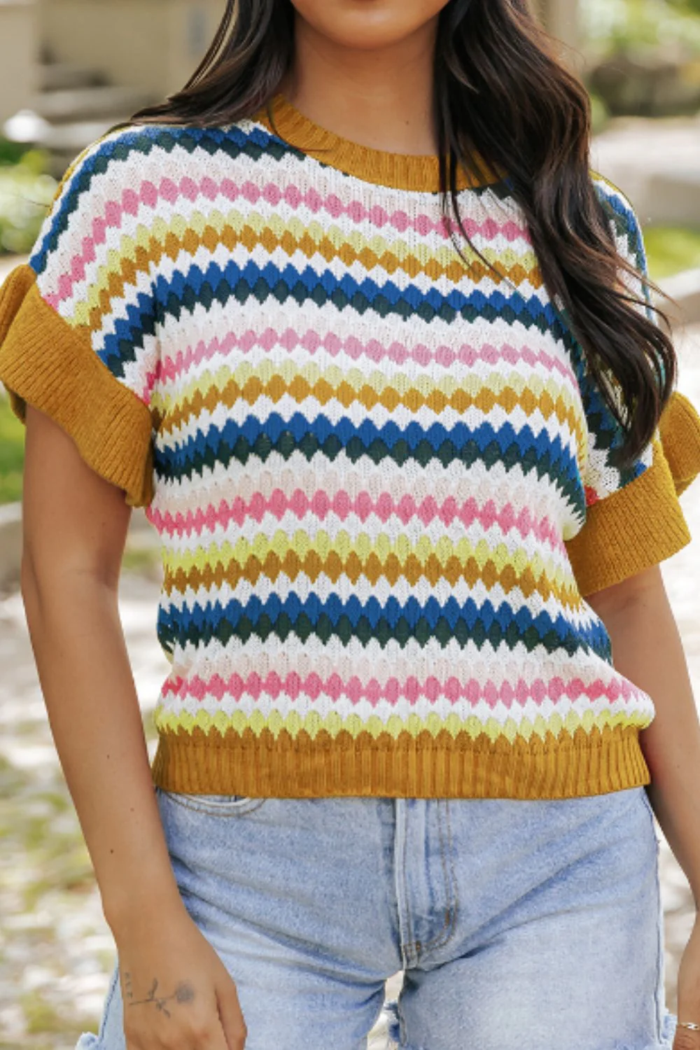 Contrast Round Neck Short Sleeve Sweater - Image 12