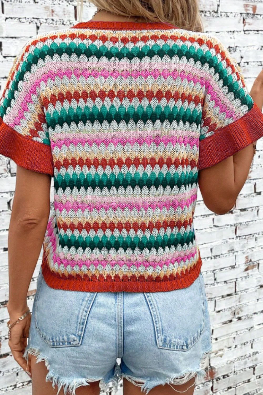Contrast Round Neck Short Sleeve Sweater - Image 3