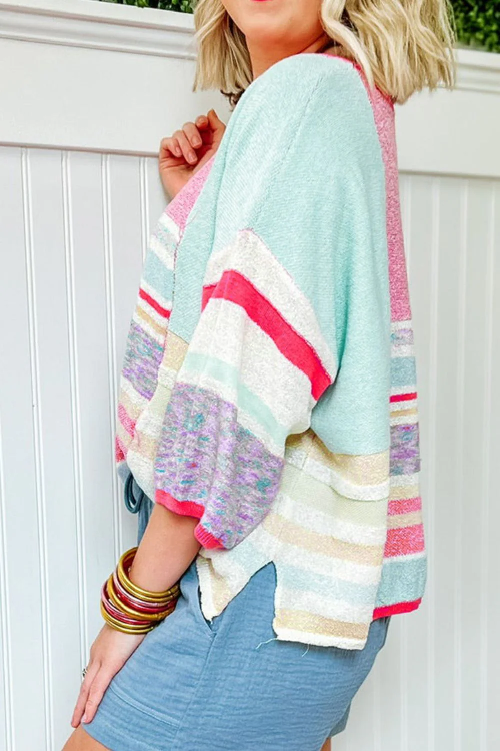 Contrast Round Neck Three-Quarter Sleeve Knit Top - Image 7