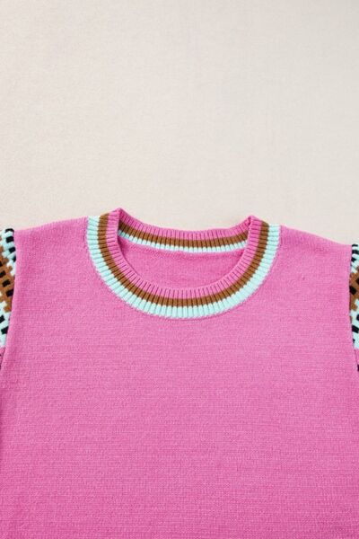 Contrast Short Sleeves Round Neck Sweater - Image 7