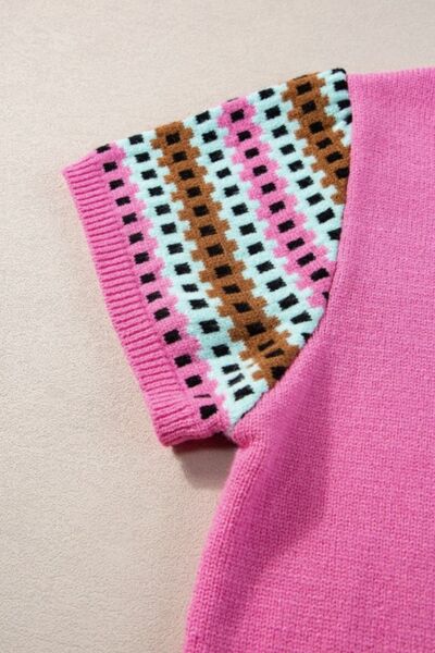Contrast Short Sleeves Round Neck Sweater - Image 8