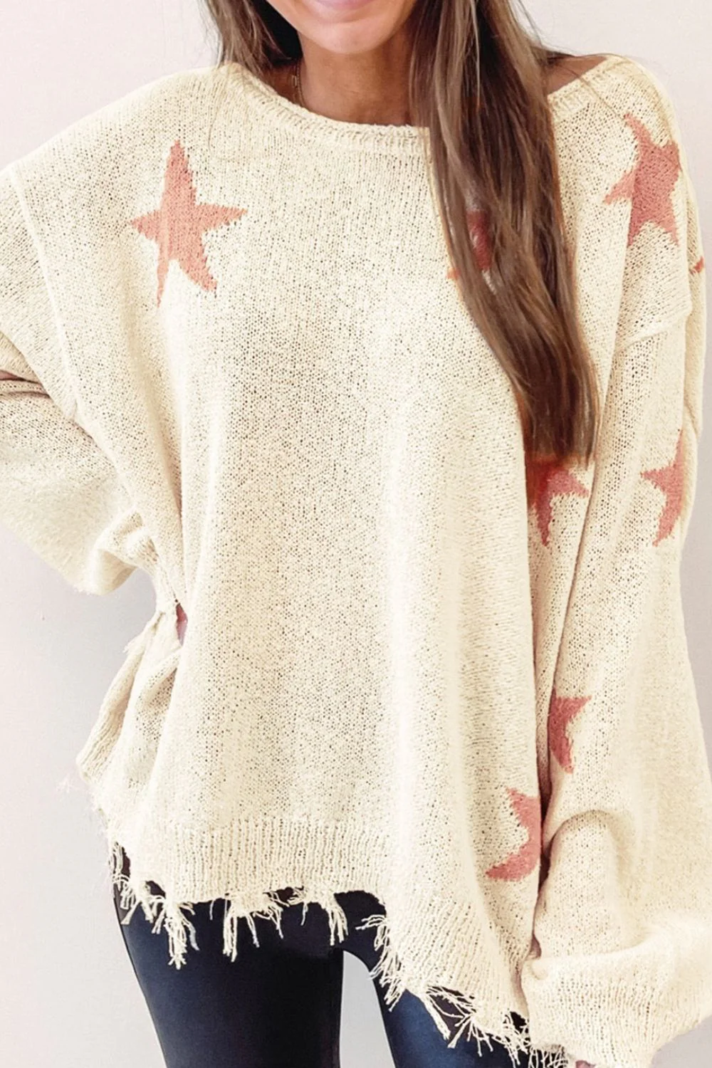 Contrast Star Raw Hem Long Sleeve Knit Top - Image 2