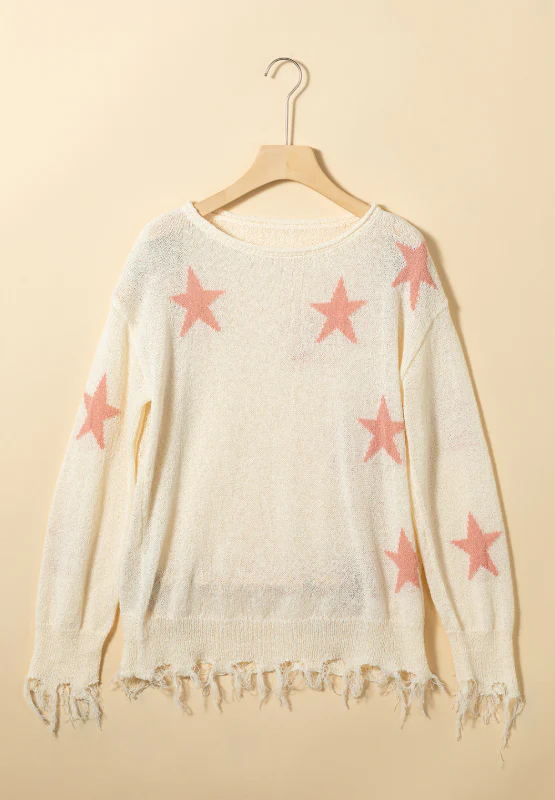 Contrast Star Raw Hem Long Sleeve Knit Top - Image 6