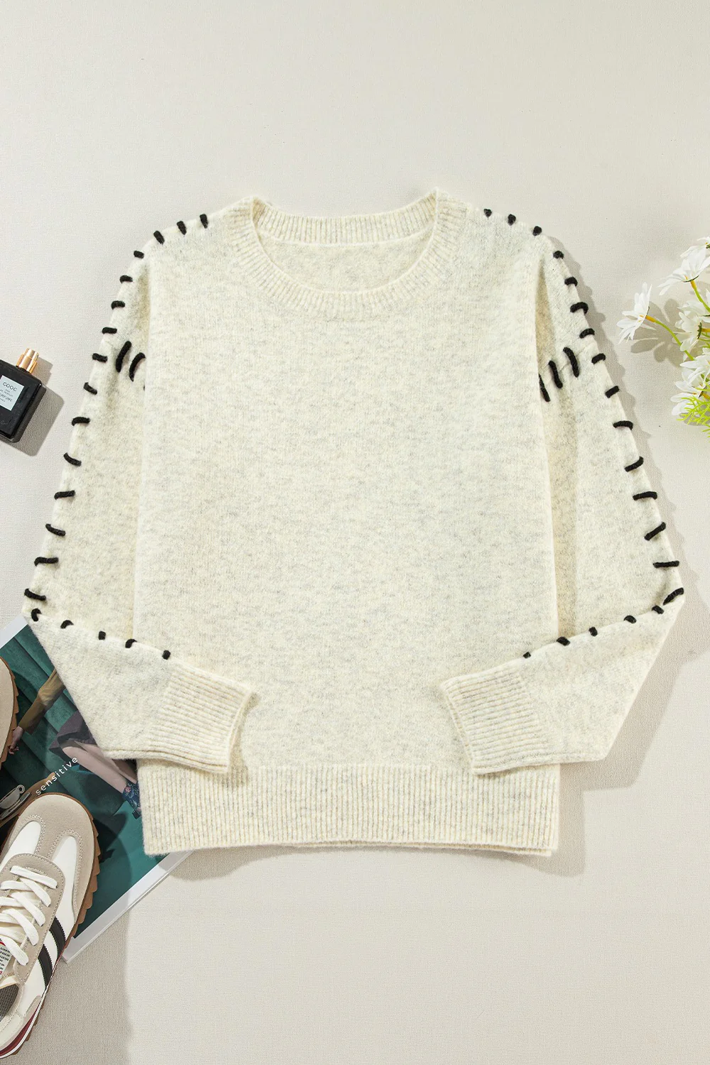 Contrast Stitch Detail Ribbed Trim Sweater - Image 6