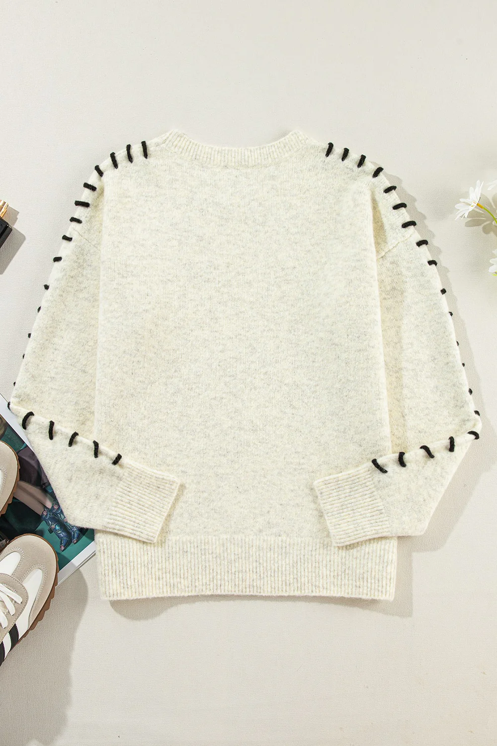 Contrast Stitch Detail Ribbed Trim Sweater - Image 7