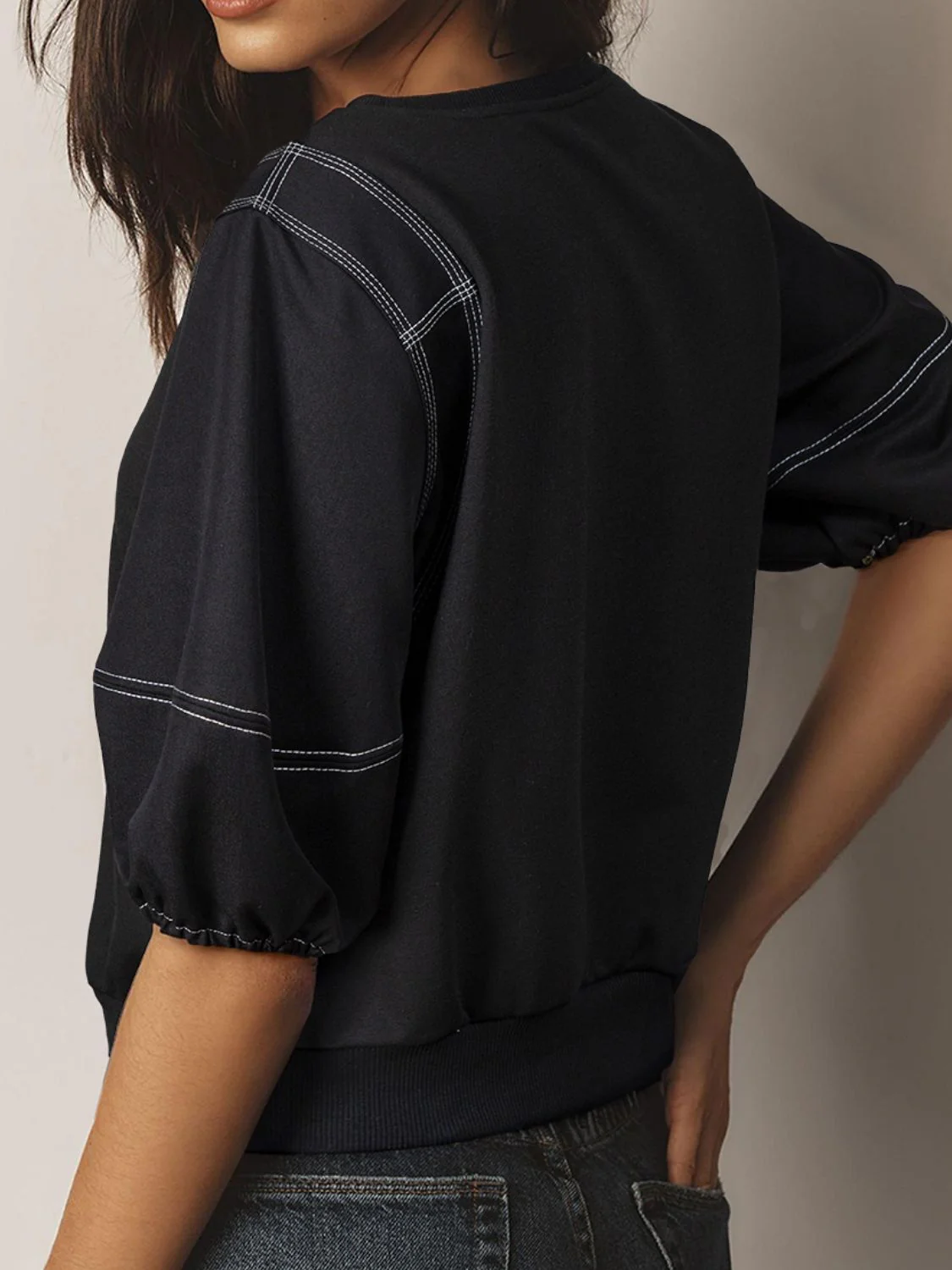 Contrast Stitches Detail Half Sleeve Blouse - Image 2