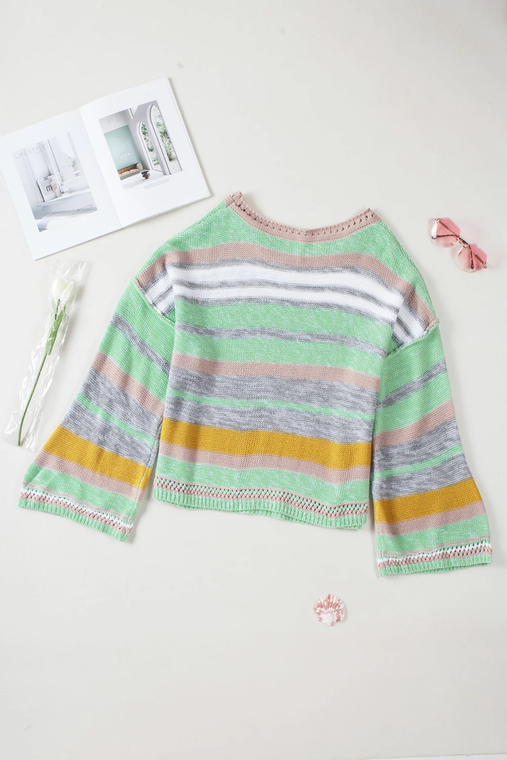 Contrast Striped Boat Neck Dropped Shoulder Sweater - Image 10