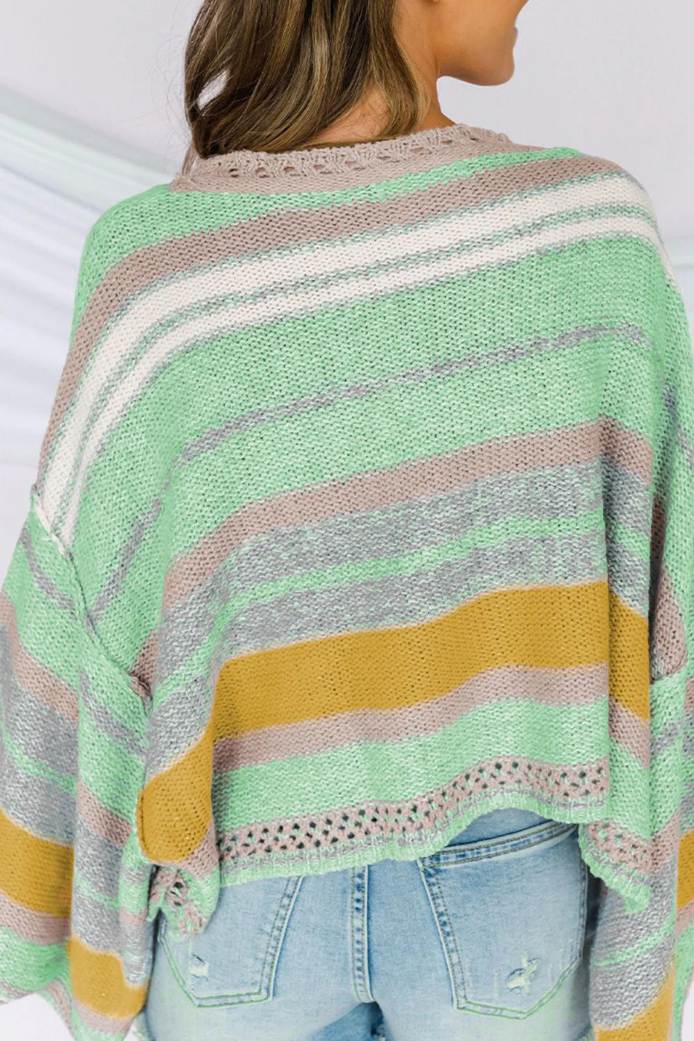 Contrast Striped Boat Neck Dropped Shoulder Sweater - Image 5