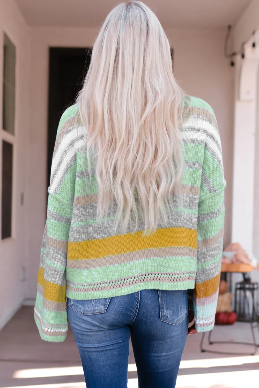 Contrast Striped Boat Neck Dropped Shoulder Sweater - Image 8