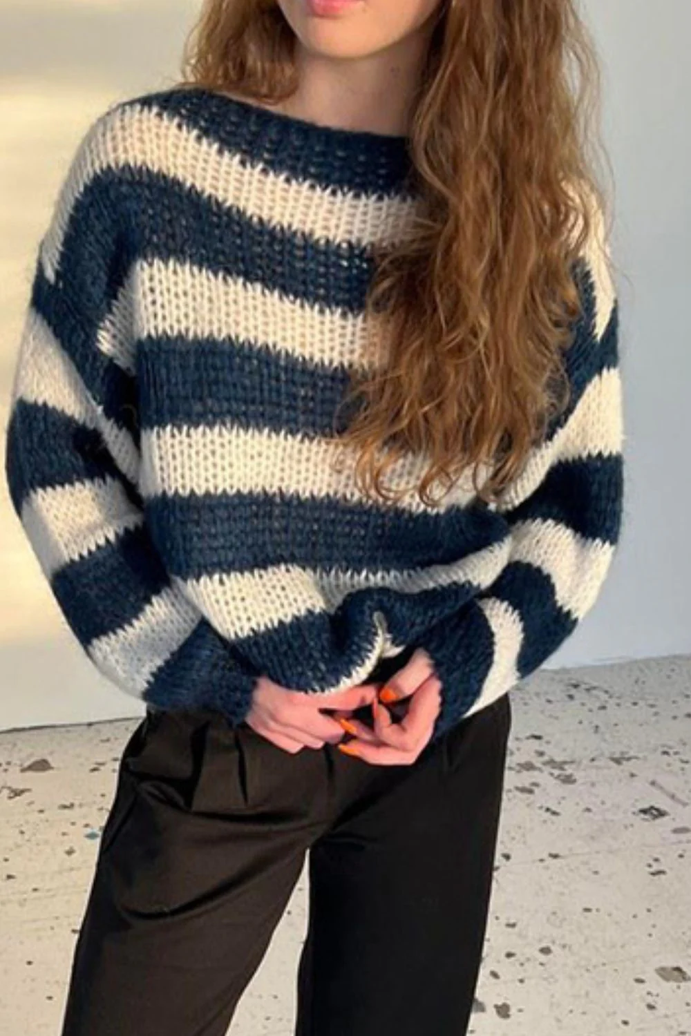 Contrast Striped Boat Neck Long Sleeve Sweater - Image 12