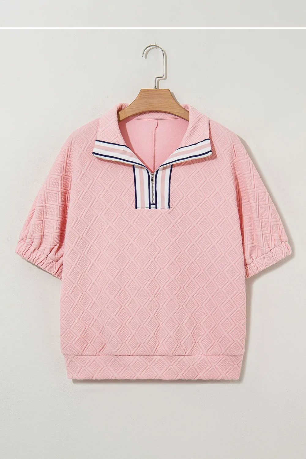 Contrast Striped Collar Patchwork Textured Half Sleeve Blouse - Image 3