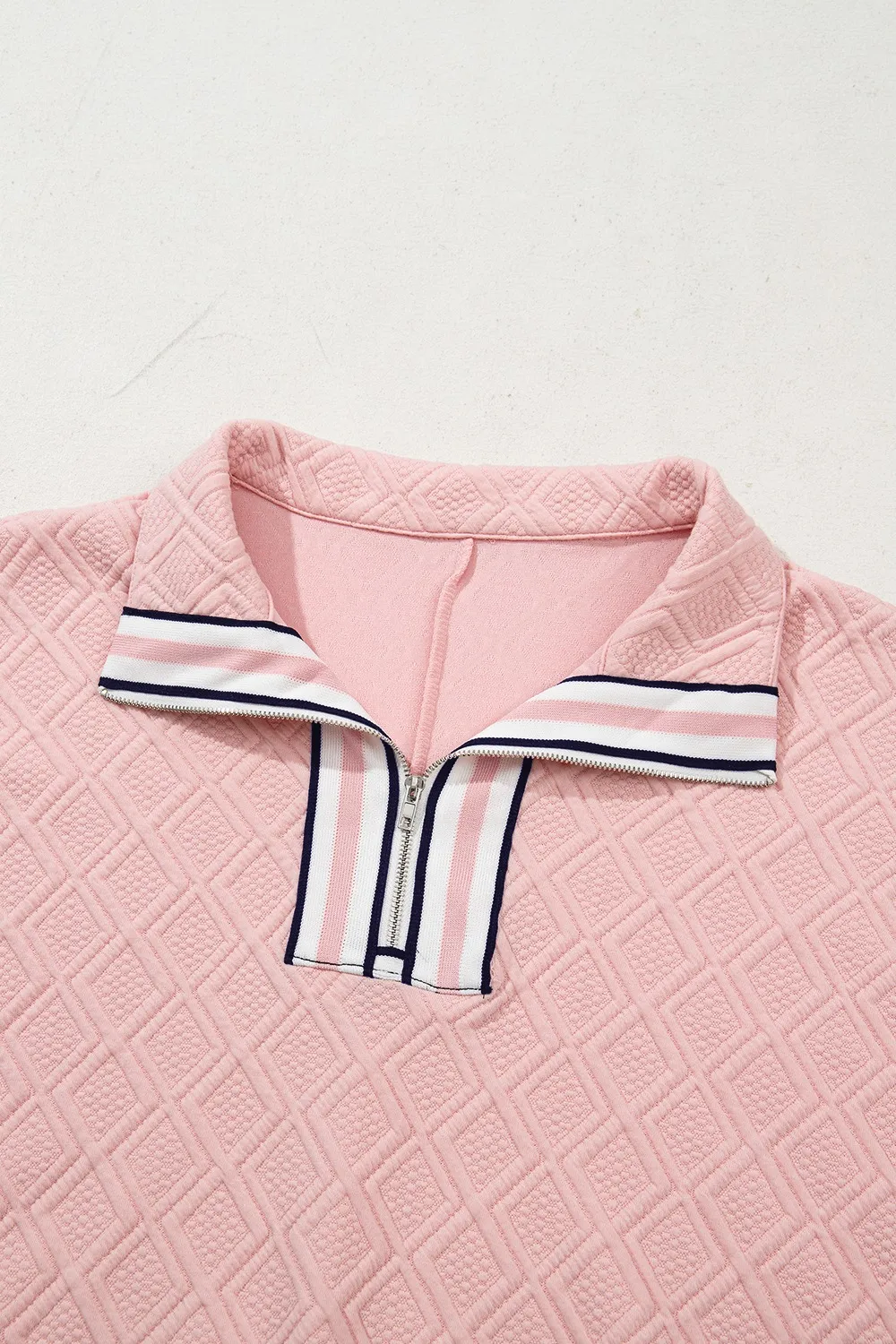 Contrast Striped Collar Patchwork Textured Half Sleeve Blouse - Image 5