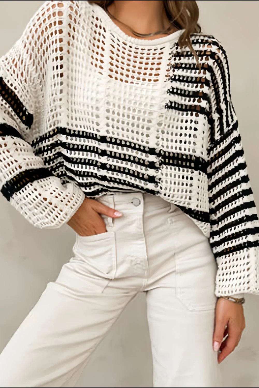 Contrast Striped Crochet Long Sleeve Knit Cover Up - Image 2