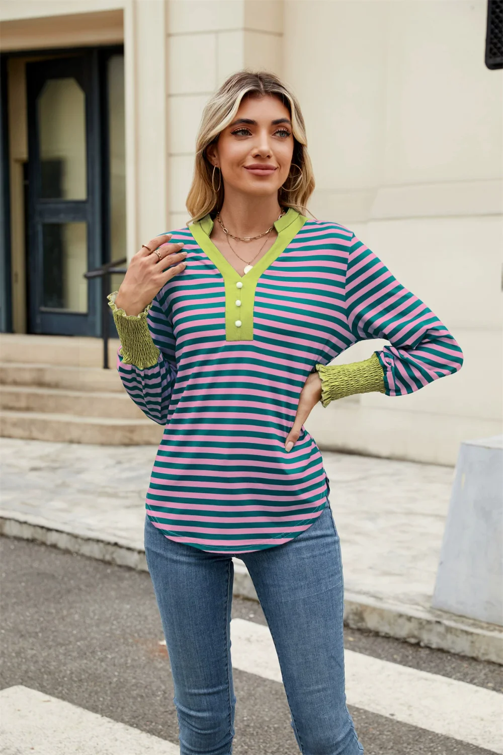 Contrast Striped Notched Long Sleeve Top - Image 23