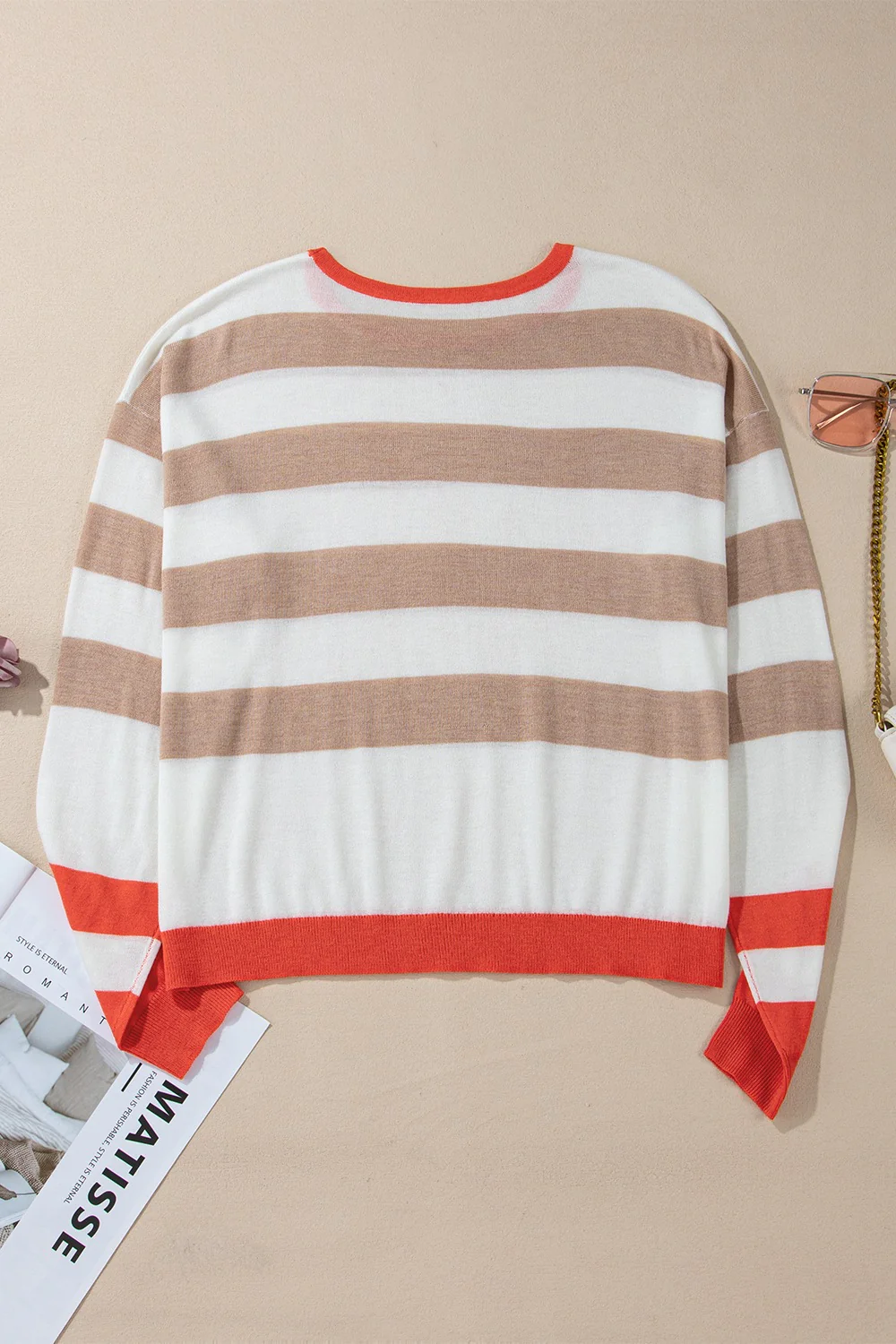 Contrast Striped Round Neck Drop Shoulder Knit Top - Image 8