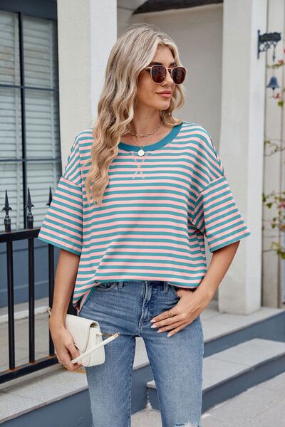 Contrast Striped Round Neck Half Sleeve T-Shirt - Image 11